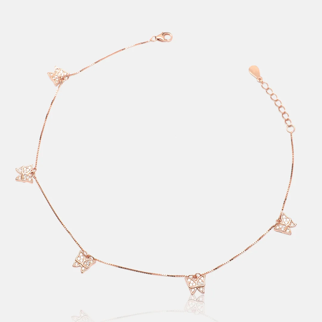 Pure Silver 925 Anklet With Butterflies & Rose Gold Polish For Woman