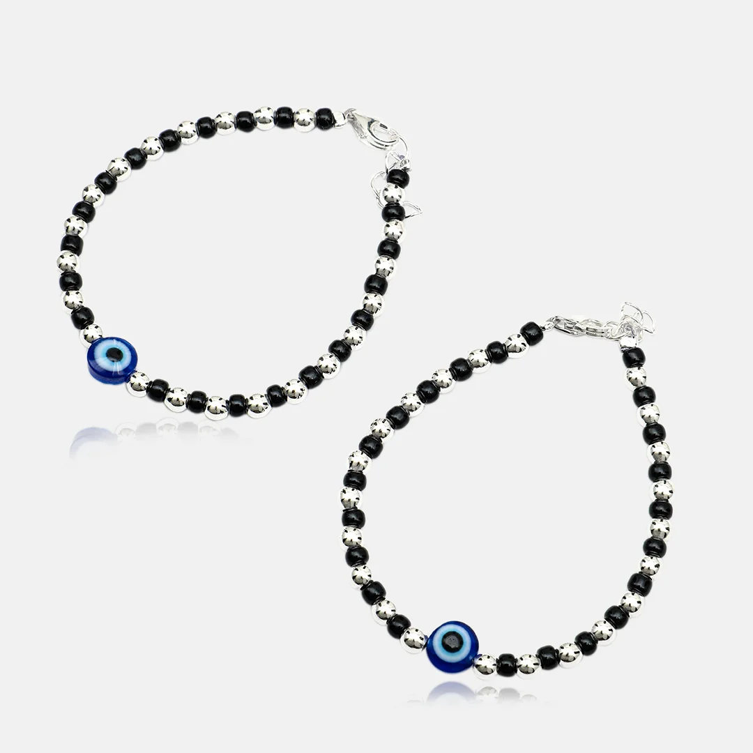 Pure Silver 925 Baby Kada With Black Beats & Evil Eye For Kids (06 To 12 Year)