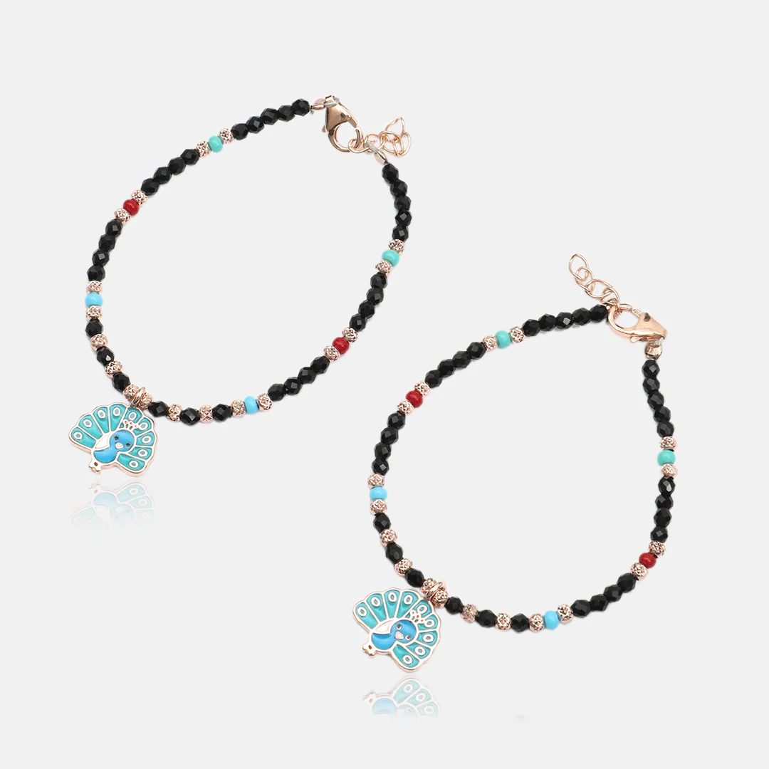 Pure Silver 925 Baby Kada With Colourful Beats & Peacock For Kids (06 To 12 Year)