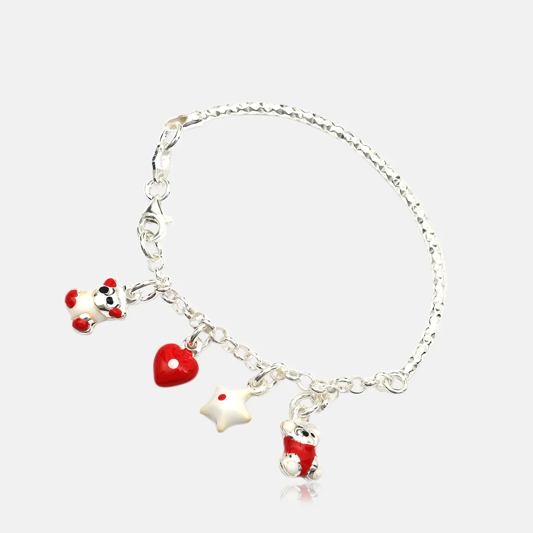 Pure Silver 925 Baby Kada With Teddy & Heart WIth Star For Kids (06 To 12 Year)