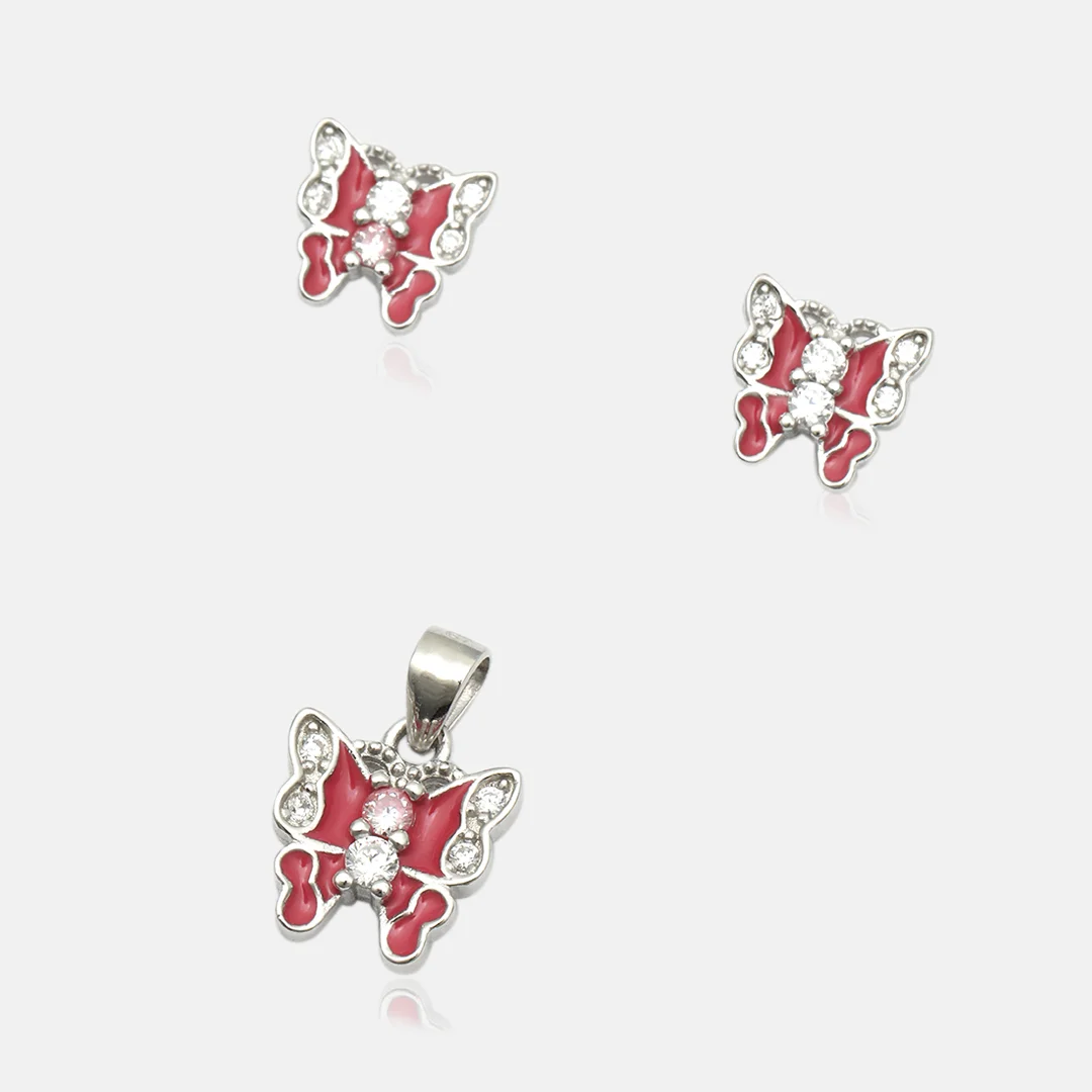 Pure Silver 925 Butterfly With Red Stone Pendant & Earing For Woman