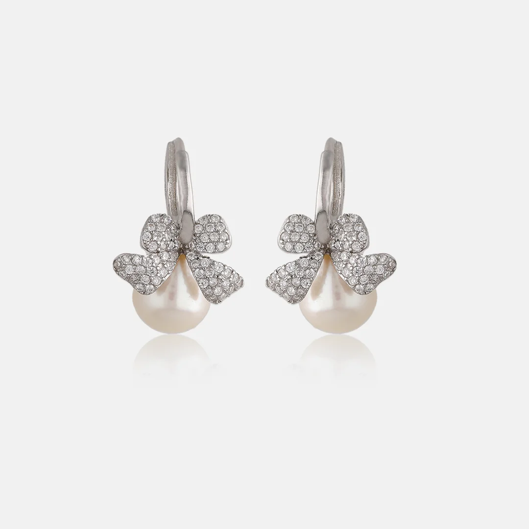 Pure Silver 925 Earring With Pearl With Flower Design For Women's Pure Silver 925 Earring With Pearl With Flower Design For Women's