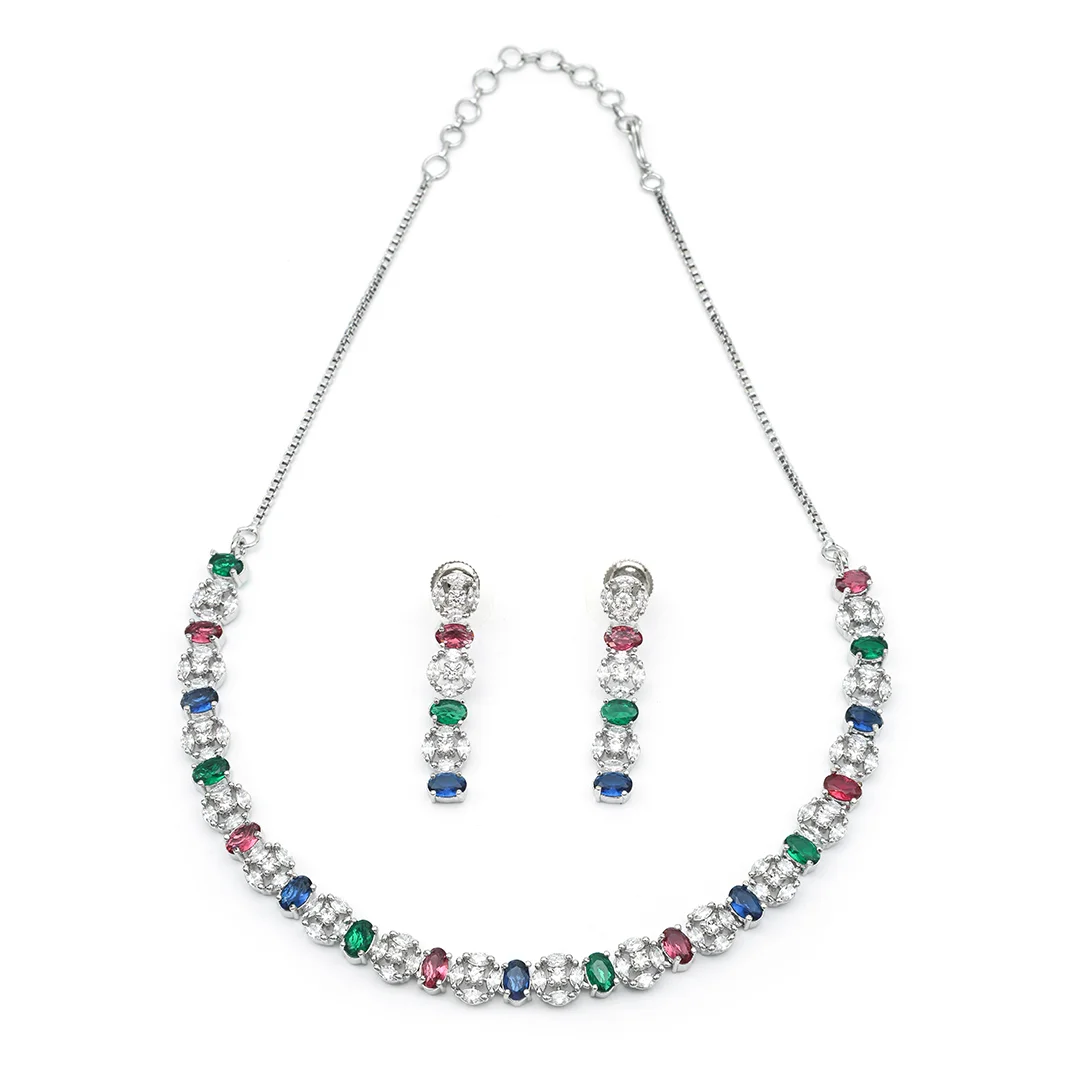Crafted Necklace With Earings & Multicolor Oval Link Stones Set For Women's