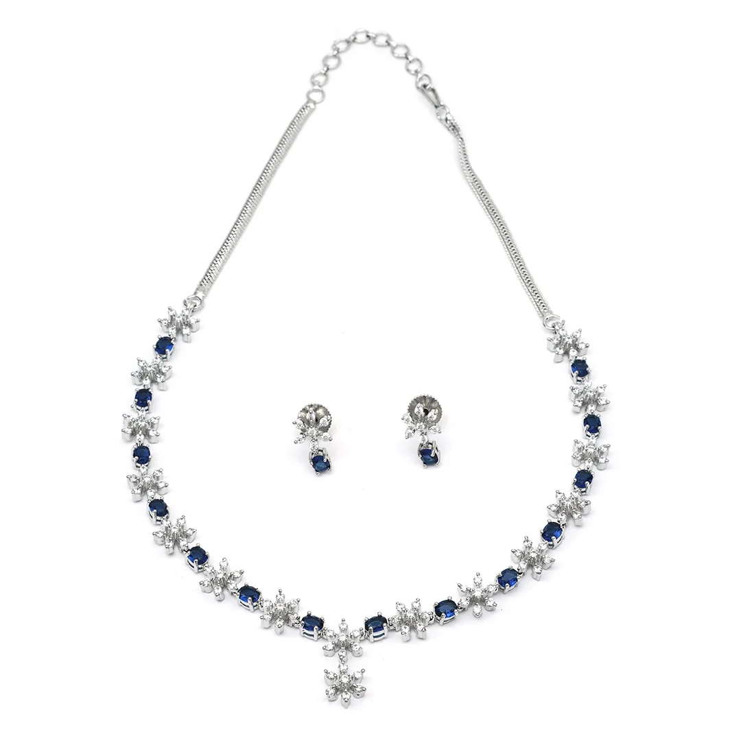Crafted Necklace With Earings & Sapphire Floral Link Set For Women's