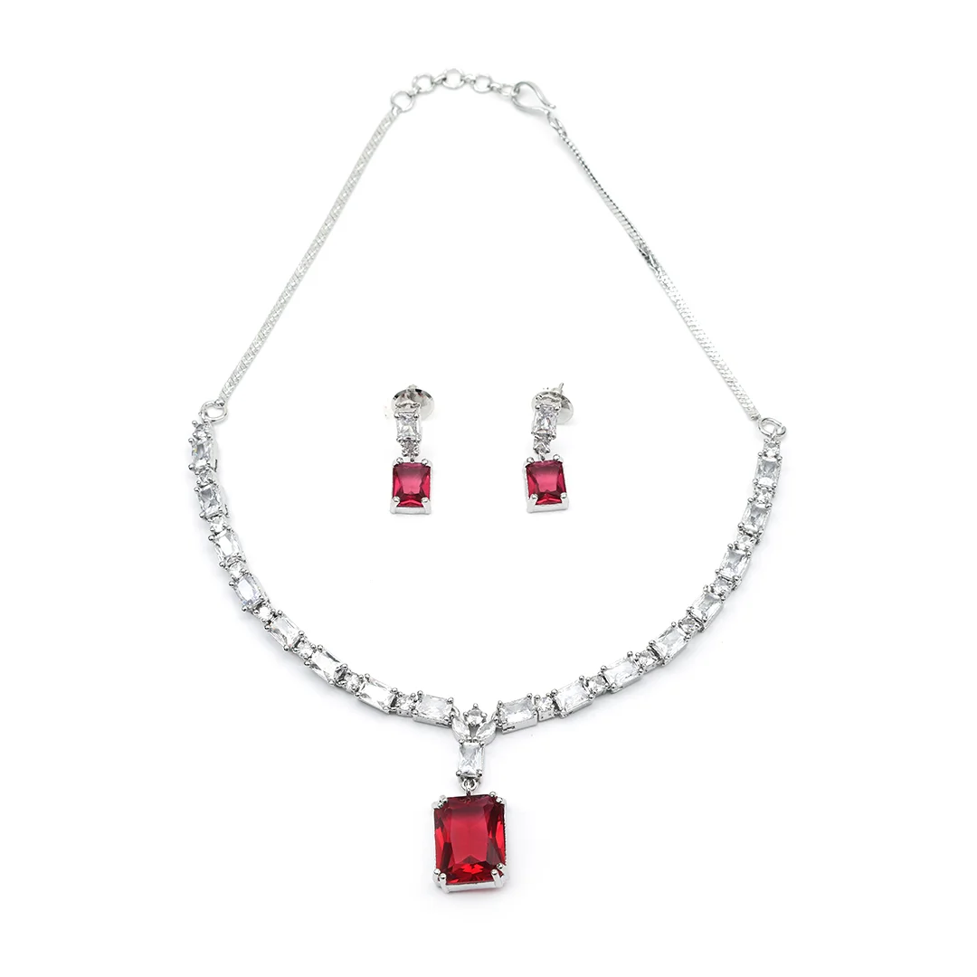 Crafted Necklace With Earings & Single Ruby Stone Set For Women's