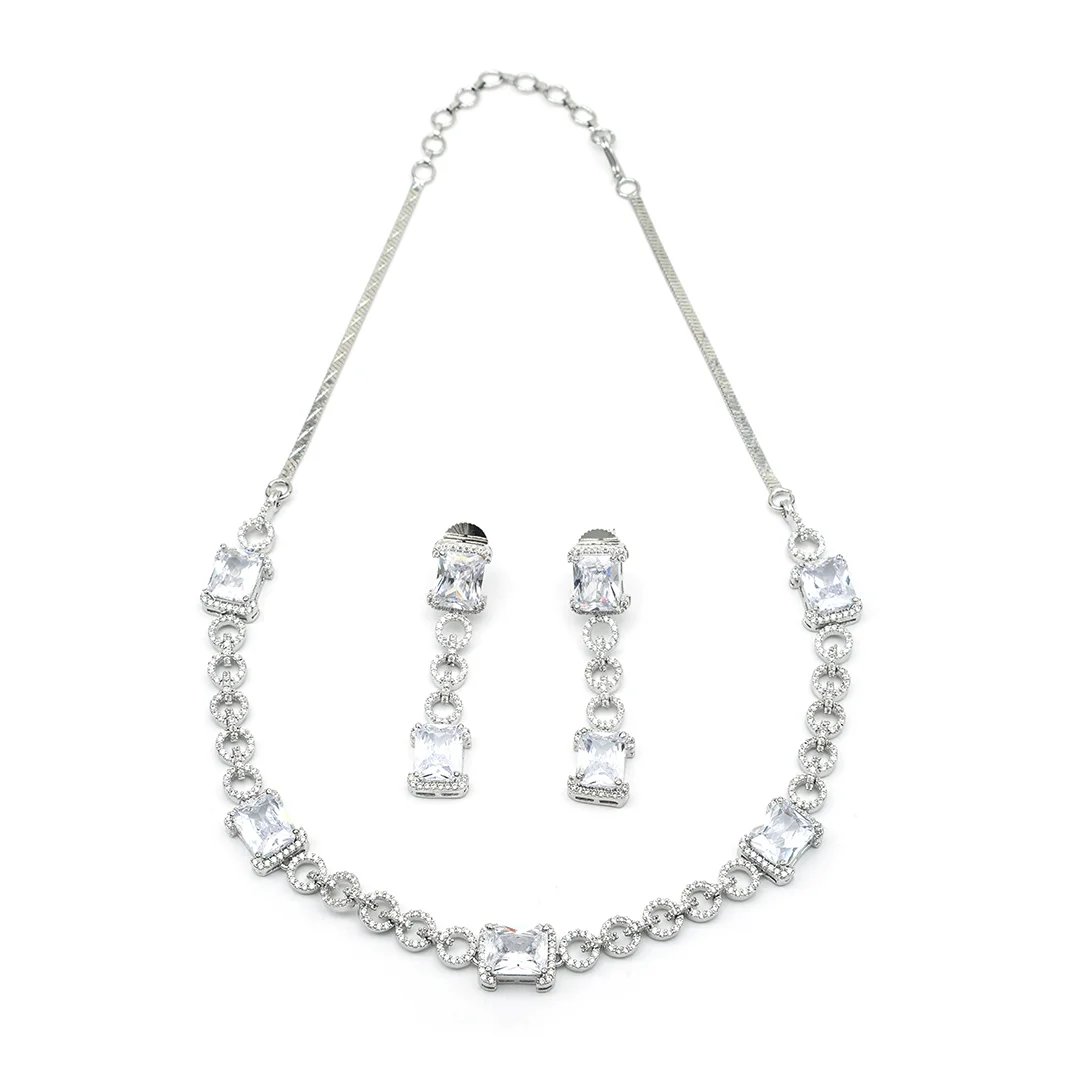 Crafted Necklace With Earings & Square Stone Studded Set For Women's