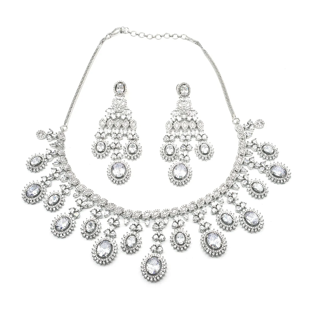 Crafted Necklace With Earings & White Stone Set For Women's