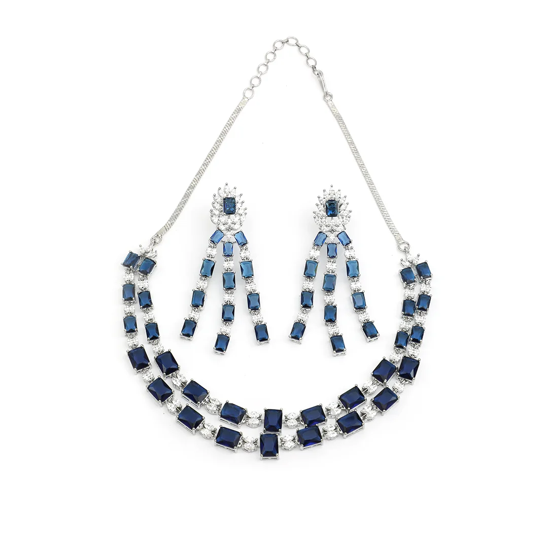 Silver Crafted Necklace Earings & Blue CZ Stone Set For Women's