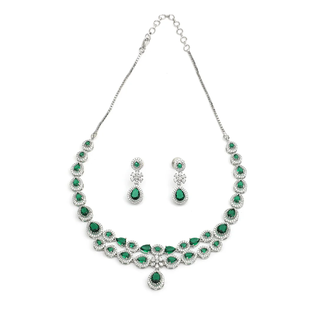 Silver Crafted Necklace Earings & Drop Shape Green Stone Set For Women's
