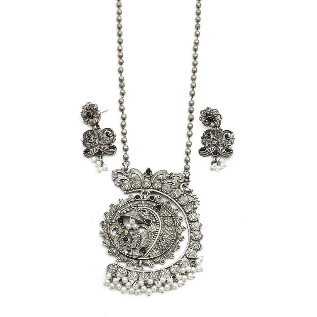 Silver Crafted Necklace Earings & Oxidized Peacock Set For Women's