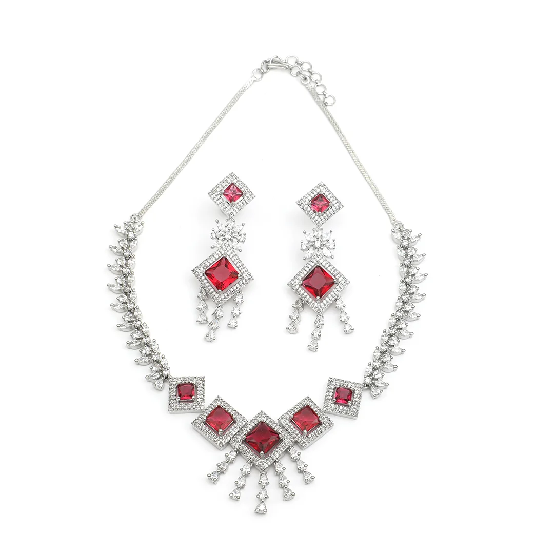 Silver Crafted Necklace Earings & Ruby And Cubic Zirconia Stone Set For Women's