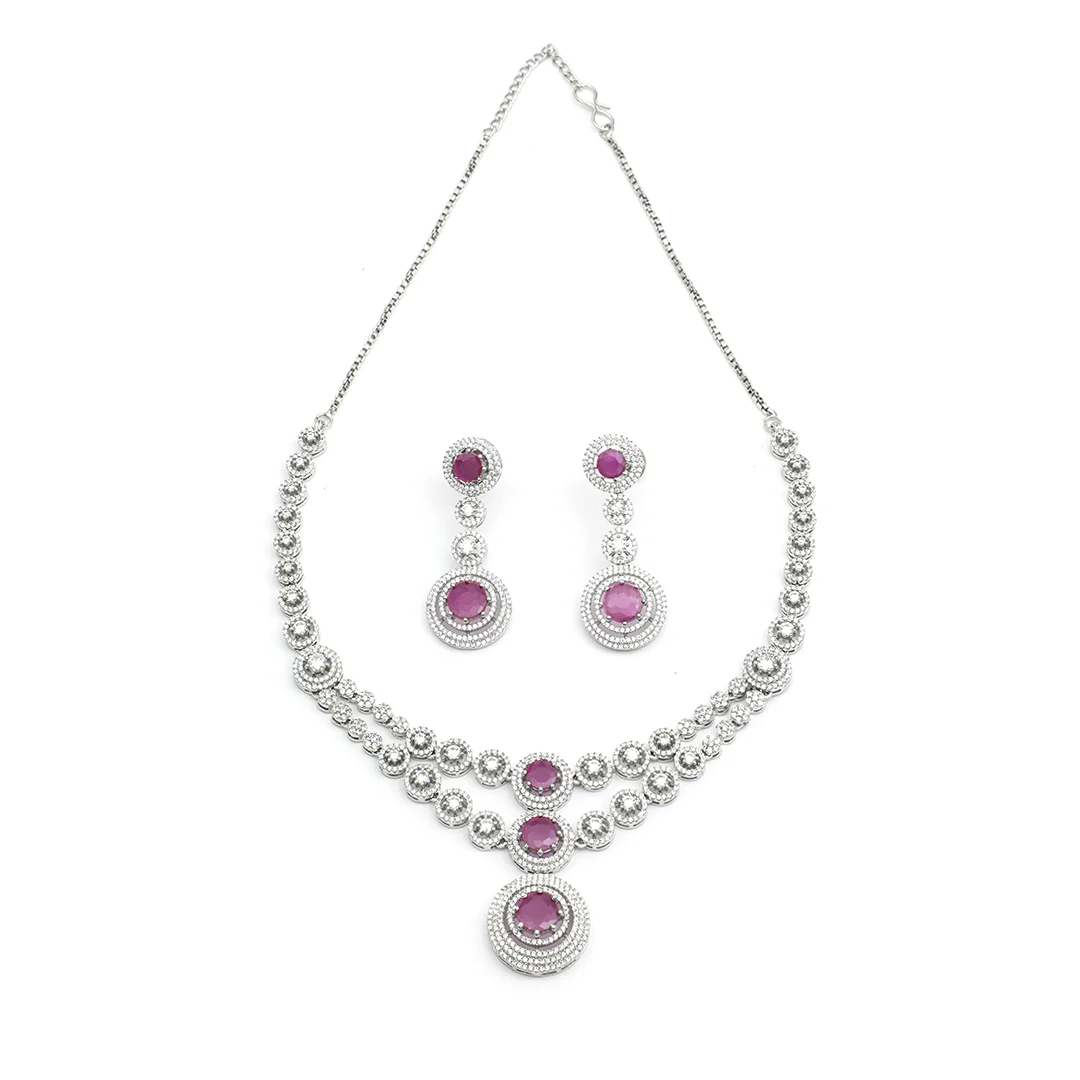 Silver Crafted Necklace Earings & Ruby Halo Stones Set For Women's