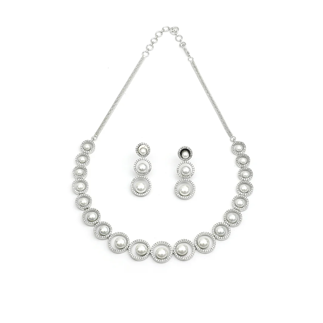 Silver Crafted Necklace Earings & Stone With Pearls Studded Set For Women's