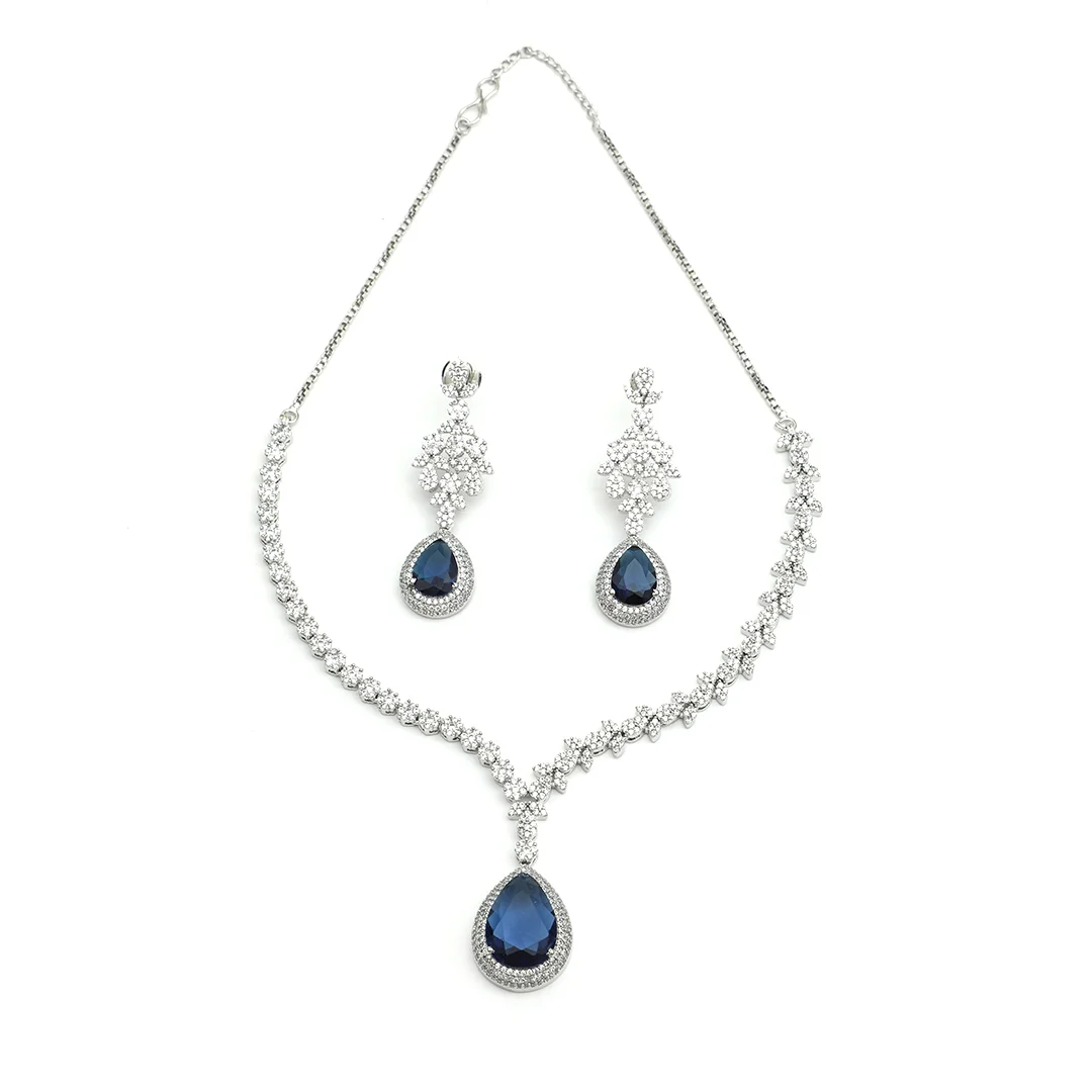 Silver Crafted Necklace Earings & Teardrop Shape Deep Blue Colour Stone Set For Women's