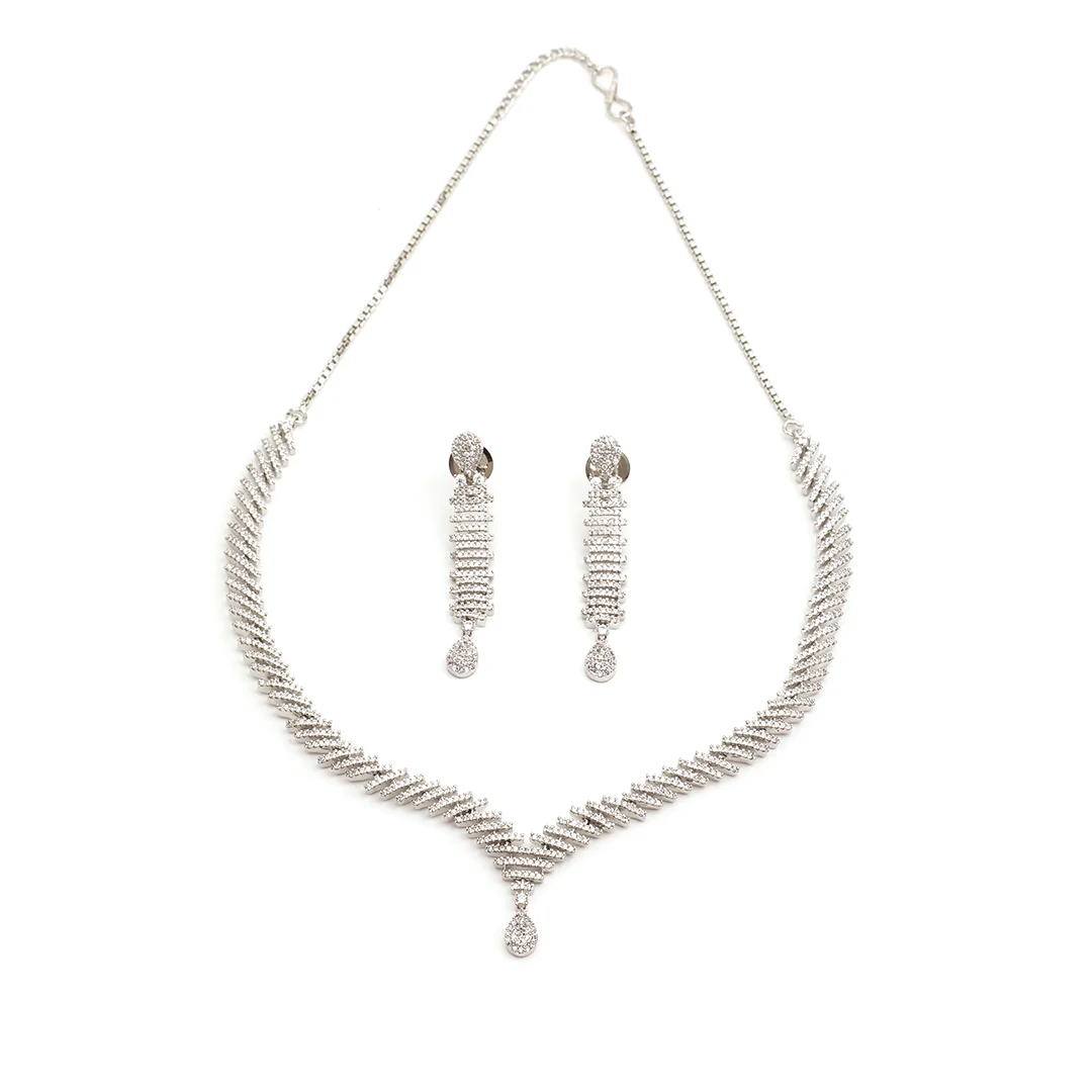 Silver Crafted Necklace Earings & White Stone V-Shape Set For Women's