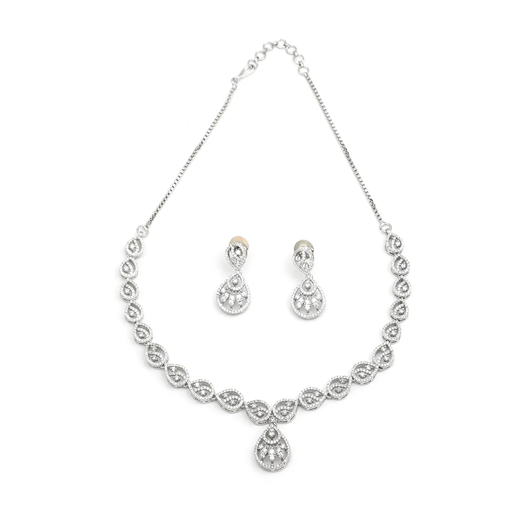 Silver Crafted Necklace Earings & White Stones Set For Women's