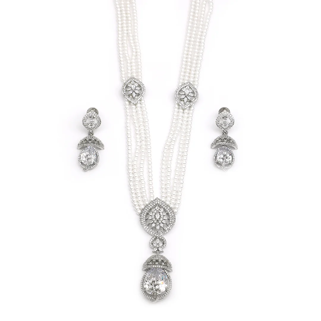 Silver Crafted Necklace Earings & White pearl Beaded Set For Women's
