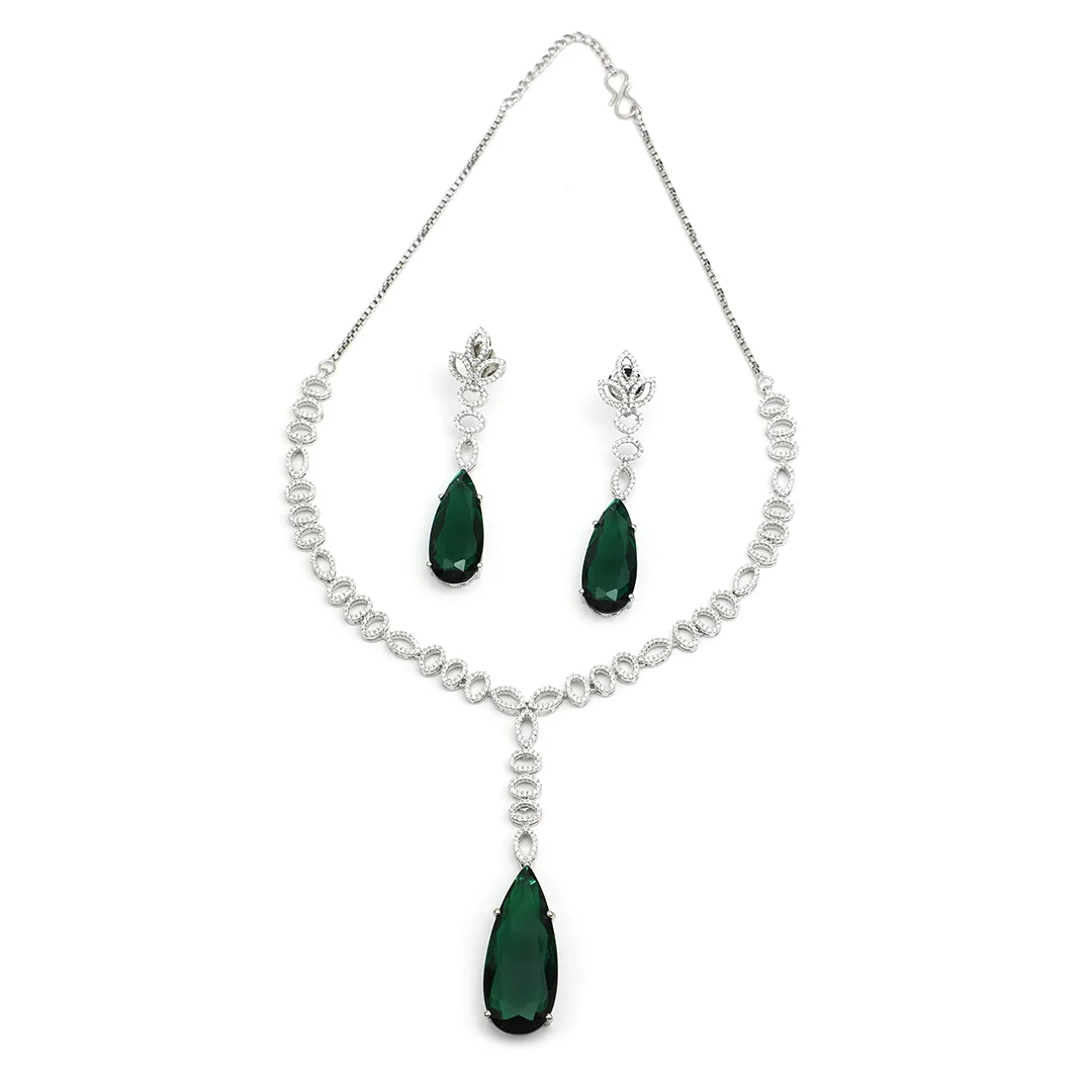 Silver Crafted Necklace Earring & Multiple White, Green Stone Set For Women’s