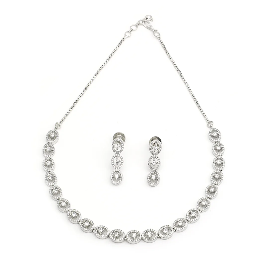 Silver Crafted Necklace With Earings & Clear CZ Stone Set For Women's