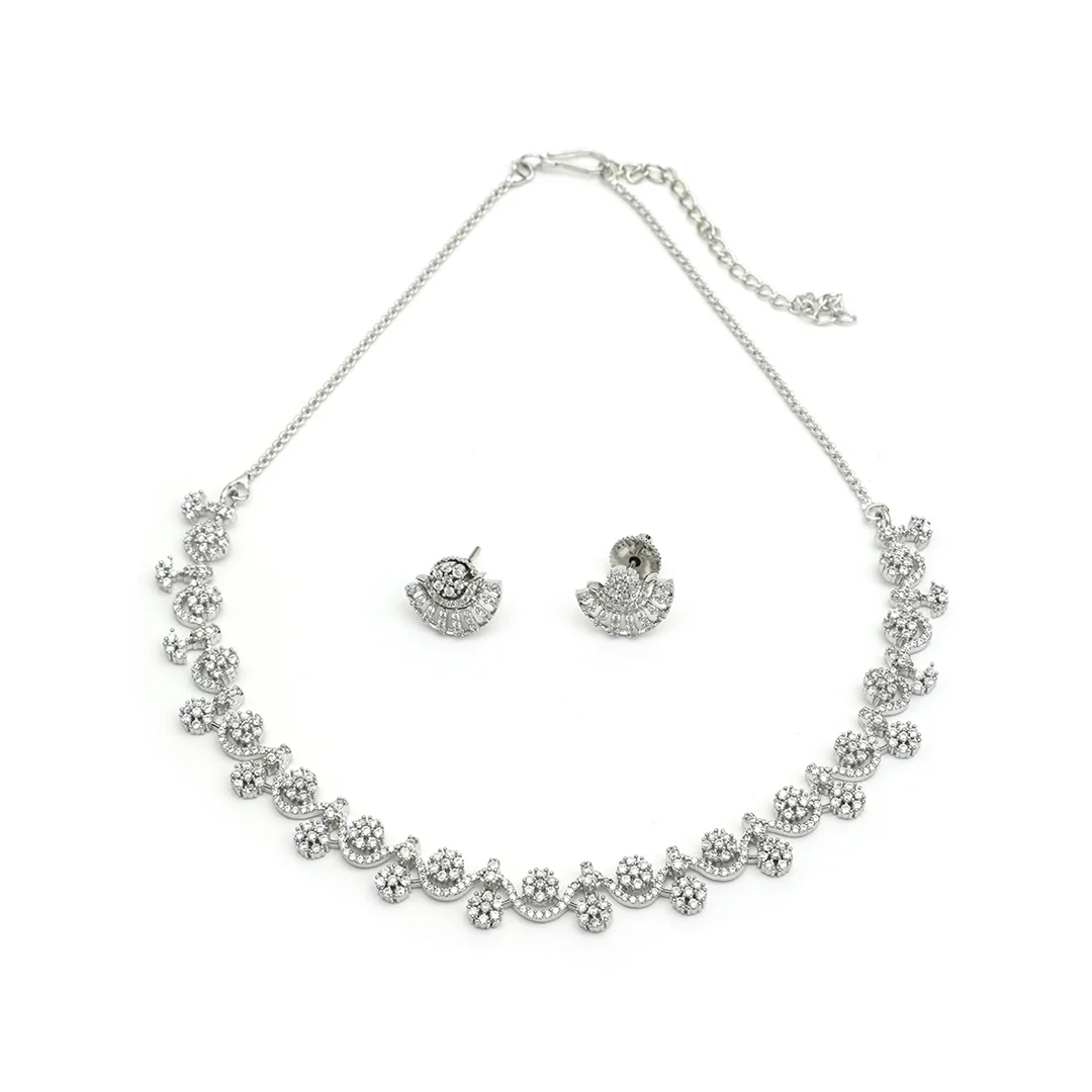 Silver Crafted Necklace With Earings & Clear Sparkling Stone Set For Women's