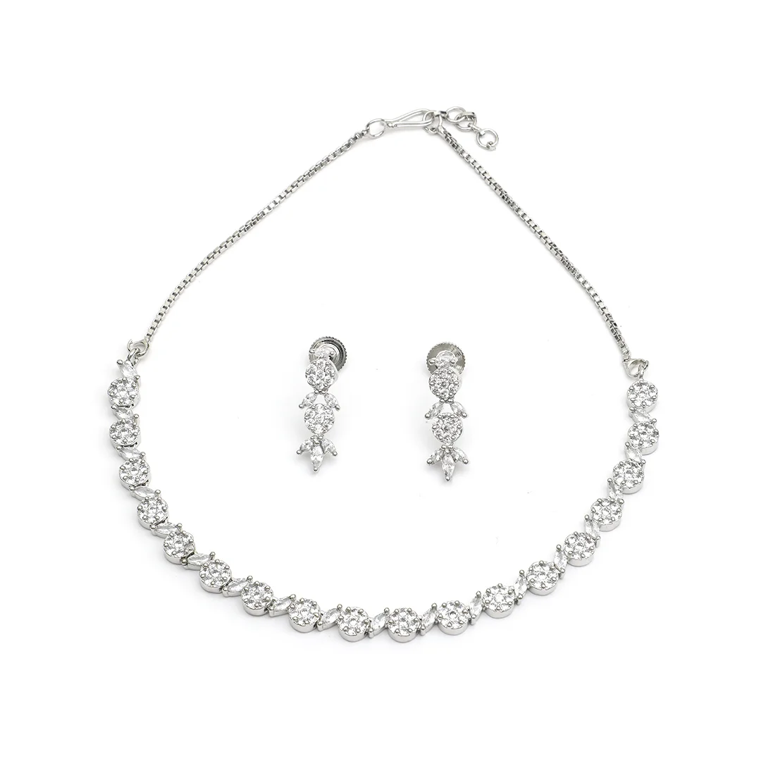 Silver Crafted Necklace With Earings & White Stone Set For Women's