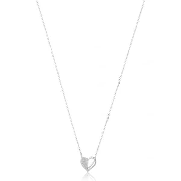 925 Sterling Silver Chain with Asymmetric Pave Heart Slide pendant For Womens